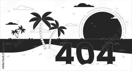 Bay paradise black white error 404 flash message. Palm trees on island. Monochrome website landing page ui design. Not found cartoon image, dreamy vibes. Vector flat outline illustration concept