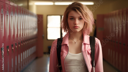 Portrait of a young non binary teenage girl in school at the locker-lined hallway. Generative AI	
 photo