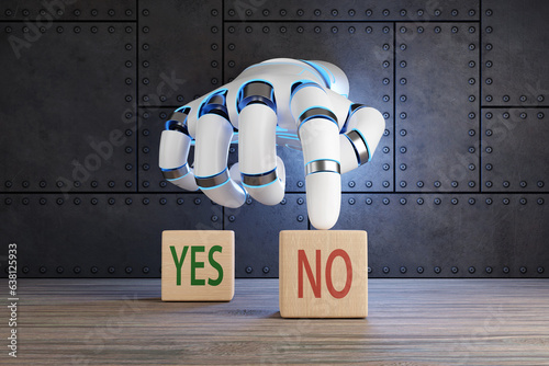 Robot arm pointing a NO wooden block instead of a YES wooden cube on wood table with metallic plate as background. 3D illustration of the concept of artificial intelligence (AI) decision making photo