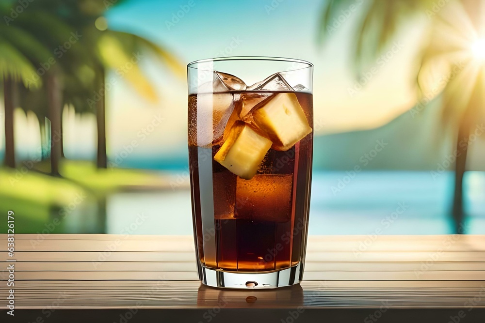 A glass with soda and ice cubes inside. Concept of freshness and flavor explosion. Created with generative Ai technology. A glass with soda and ice cubes inside. Concept of freshness and flavor explosion. Created with generative Ai technology.