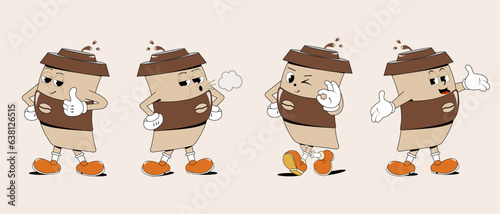 set of groovy coffee characters with different emotions and hand gestures.Comic paper coffee cup in cartoon retro style.Branding mascot for restaurant, cafe, bar menu design, vintage sign, logo