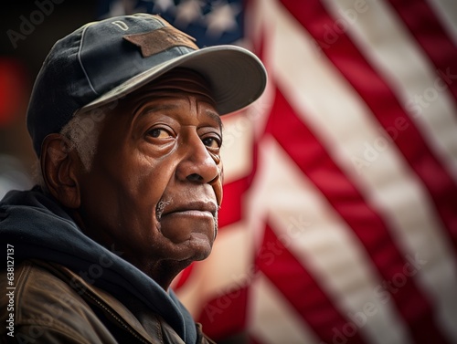 A veteran's gaze meets a waving United States flag, a connection to memories