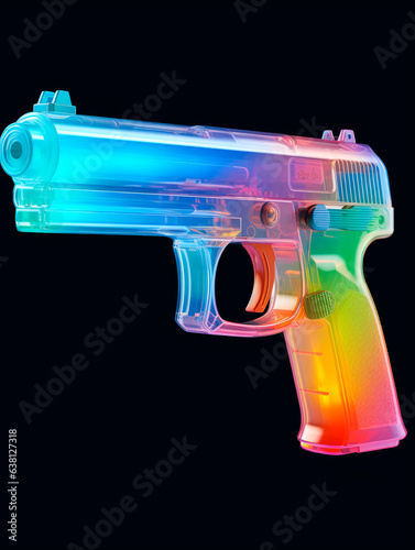 Concept of plastic glass rainbow gun is a transparent case isometric, light magent and blue, 3d, rainbowcore, luminous 3d objects