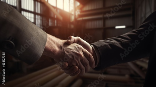 handshake between male against the background of the industrial factorys hangar