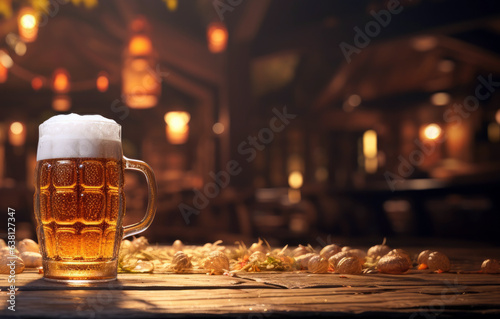 Octoberfest. German holiday. Craft Beer Pub  A frothy beer mug clinking with another  set against a wooden barrel background. Wide format.