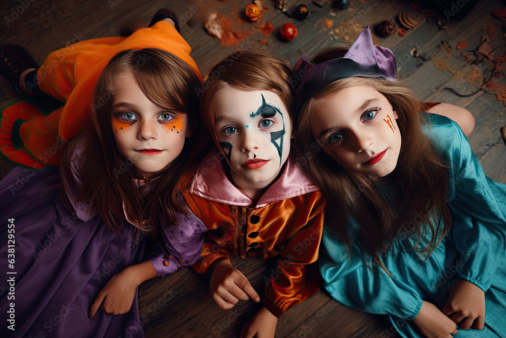 The festive joy of Halloween, an energetic gathering of children dressed in delightful costumes and surrounded by playful decorations, embodies the essence of a joyful holiday.
