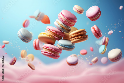 Wallpaper Mural Macaroons in motion falling. Sweet colorful french macaroons levitation in the air. Generative AI Torontodigital.ca