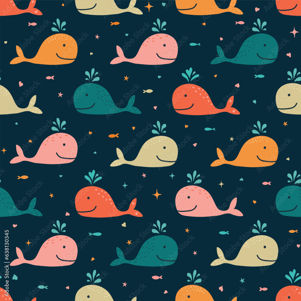 Seamless vector pattern cute smiling whales pink red beige boys textile underwater wallpaper Seamless vector pattern cute smiling whales pink red beige boys textile underwater wallpaper