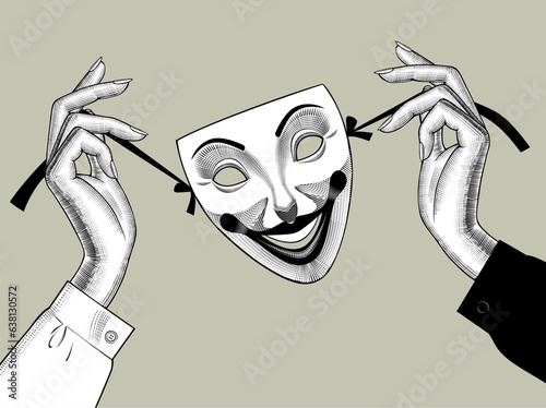 Female hands with a Joker mask in retro style. Vintage engraving black and white stylized drawing. Vector illustration