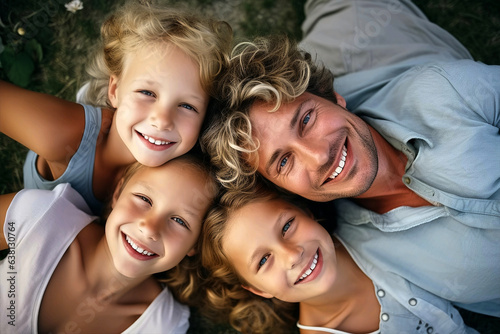 happy family picture of smiling father with children laying on the ground