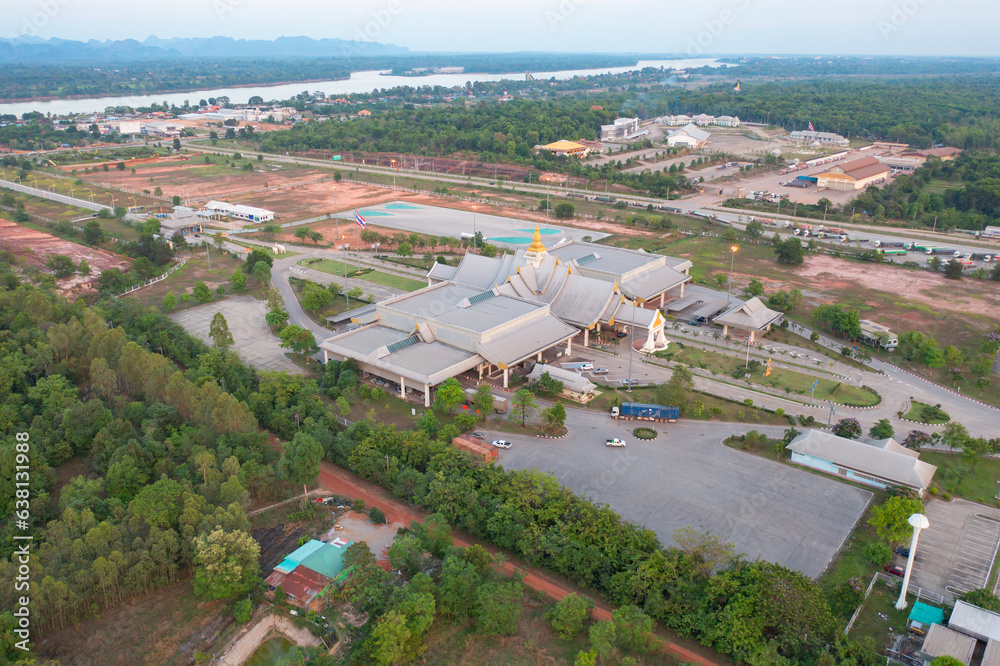 Aerial view of Thai-Laos Friendship Bridge, Nong Khai border sucurity checkpoint building, Thailand.