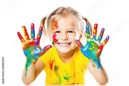 Smiling Little Blonde Girl with Colorful Painted Hands Isolated on White Background