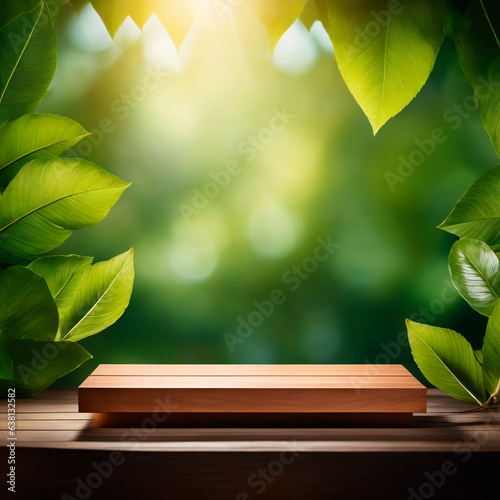 Wooden podium with tropical leaves in the background for product presentation.