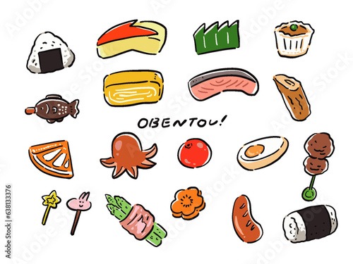 お弁当のおかずや食べ物の手描き風イラストセット