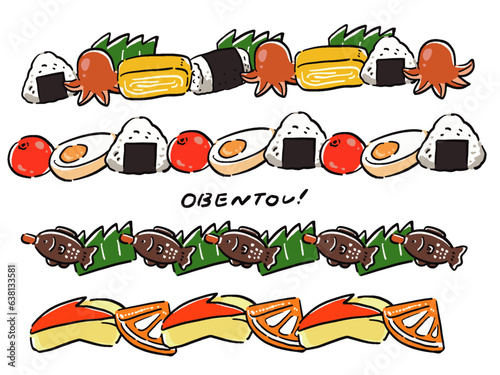 お弁当のおかずや食べ物の手描き風ラインイラストセット