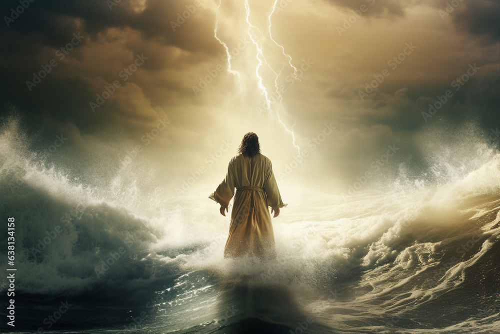 Obraz premium Figure of Jesus walks on water separate waters beautiful dramatic sunset generative ai picture