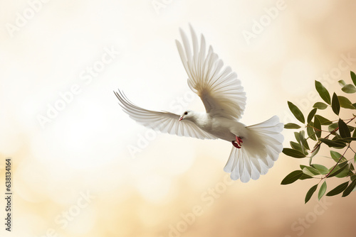 Picture of dove flying towards beam of celestial light generative ai illustration
