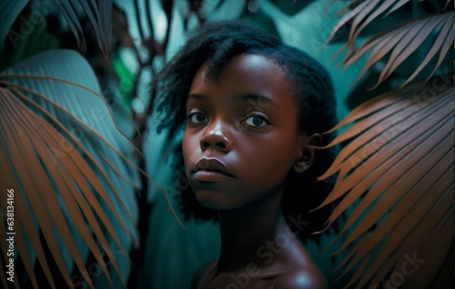 Green beauty portrait of young beautiful african american woman with posing against green exotixc plants background. Natural skin care concept, cosmetics, spa procedures.