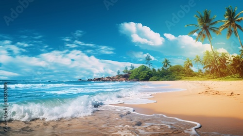 Panorama of a tropical island with palm trees and crystal clear blue water. Waves roll on a sandy beach on a warm sunny day. Tropical beach with copy space. Summer vacation and holiday business.