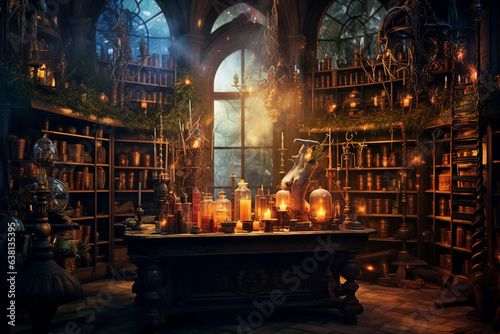 Billede på lærred Generative ai collage image picture of alchemist lab with potion cauldron for ma