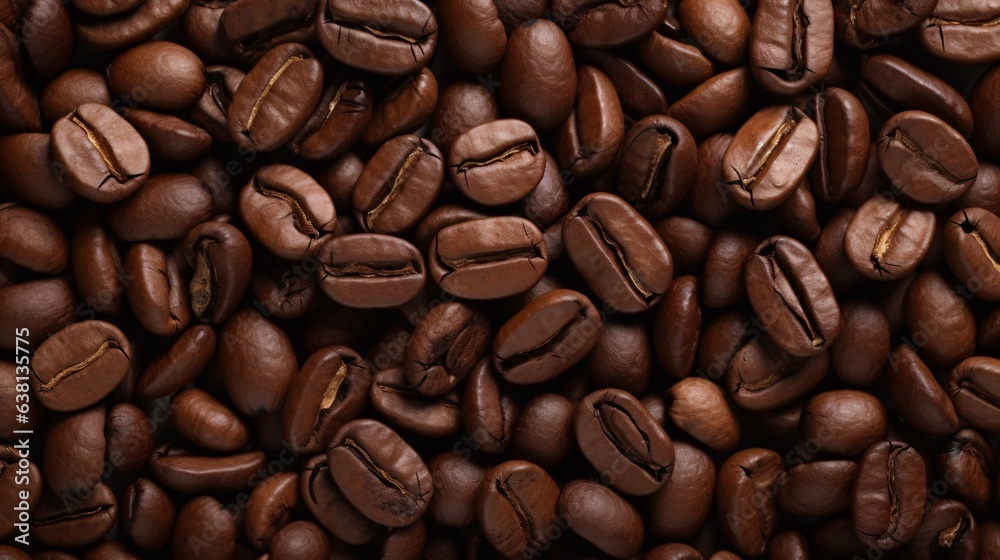Fototapeta premium A close-up photo of roasted coffee beans. Macro top view photo of coffee beans. Background image. Flat lay of fresh coffe bean. Food pattern. Coffe love.