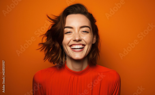 Photo of attractive charming lady cute bobbed hair, worker friendly smile good mood wear red office shirt isolated orange color background, with free space for text