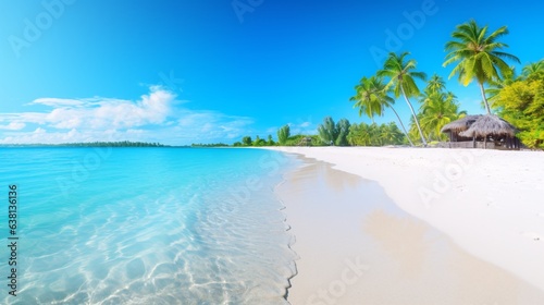 Photo of a tropical island with white sand and bright blue water. Waves roll on a sandy beach on a warm sunny day. Tropical coast. Tropical beach with copy space. Summer vacation and holiday business.