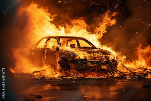 Generative AI picture of fire and explosions burning car in city danger catastrophe road accident