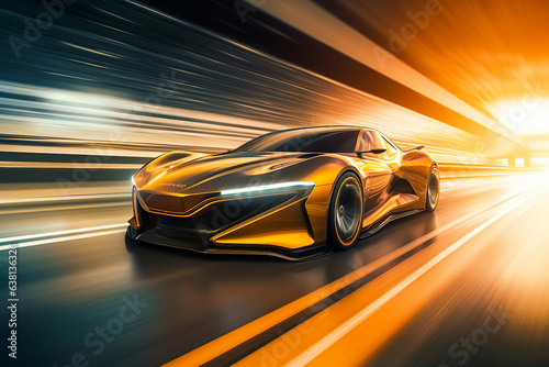 Image generative ai powerful acceleration of futuristic sports supercar on neon night highway track with colorful lights and trails © Tetiana
