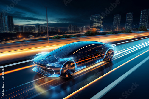 Picture of futuristic fast self-driving modern car on evening city roads under cloudy sky made by generative ai technology