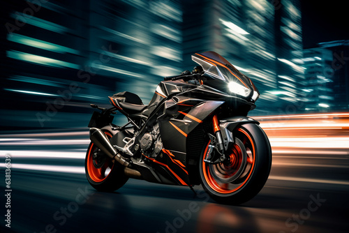 Futuristic image of a speed motorcycle on the road highway created with generative AI © Tetiana