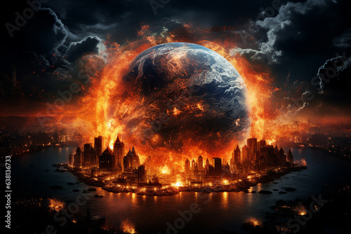 Generative ai colage image picture of burning earth destroying by ecological catastrophe wars battle nuclear bomb