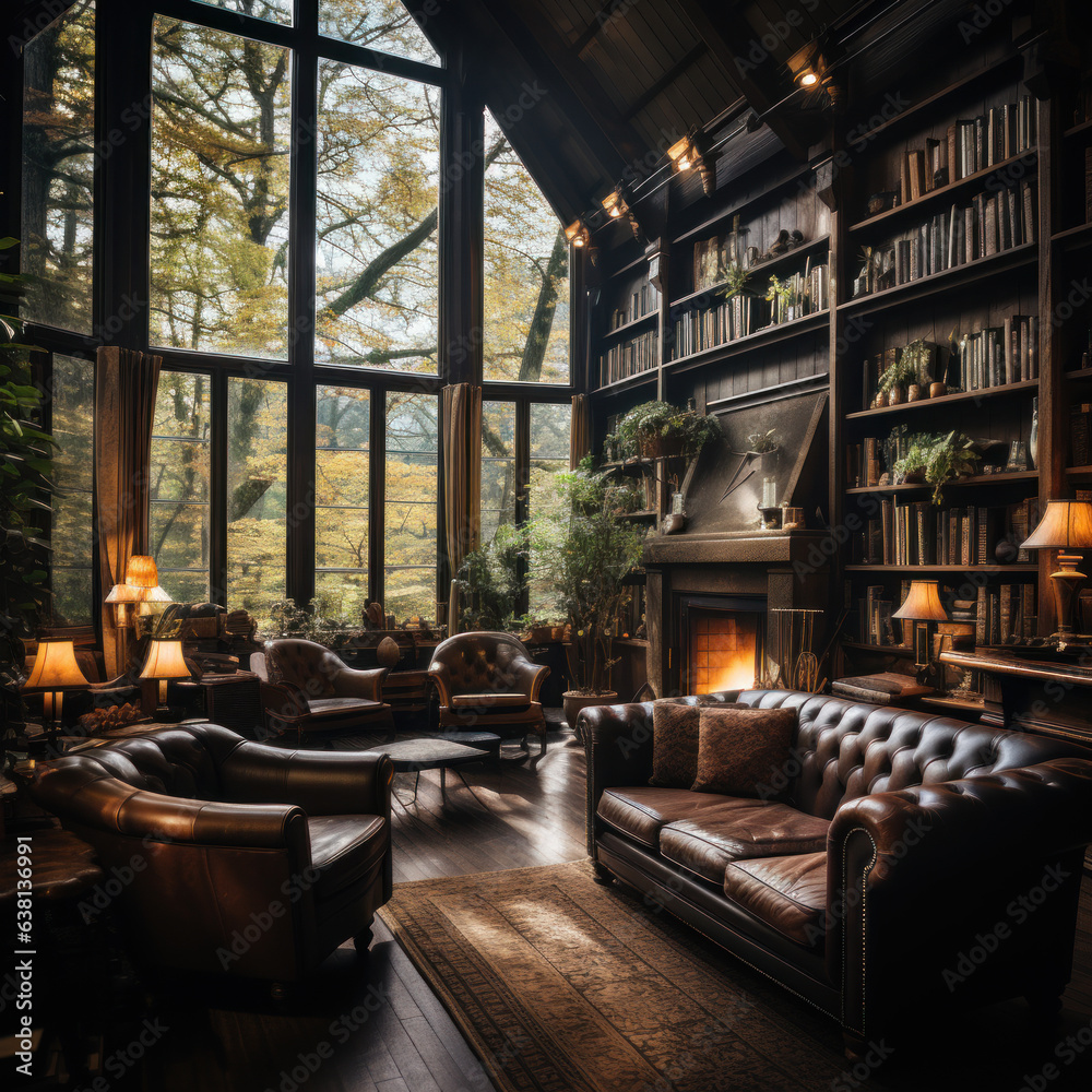Cozy library photo wall-to-wall bookshelf library
