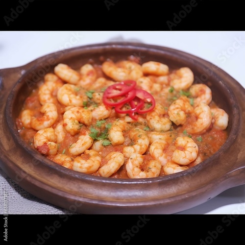 Cooked shrimp dish in ceramic pot