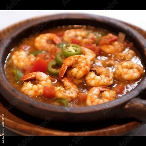 Cooked shrimp dish in ceramic pot