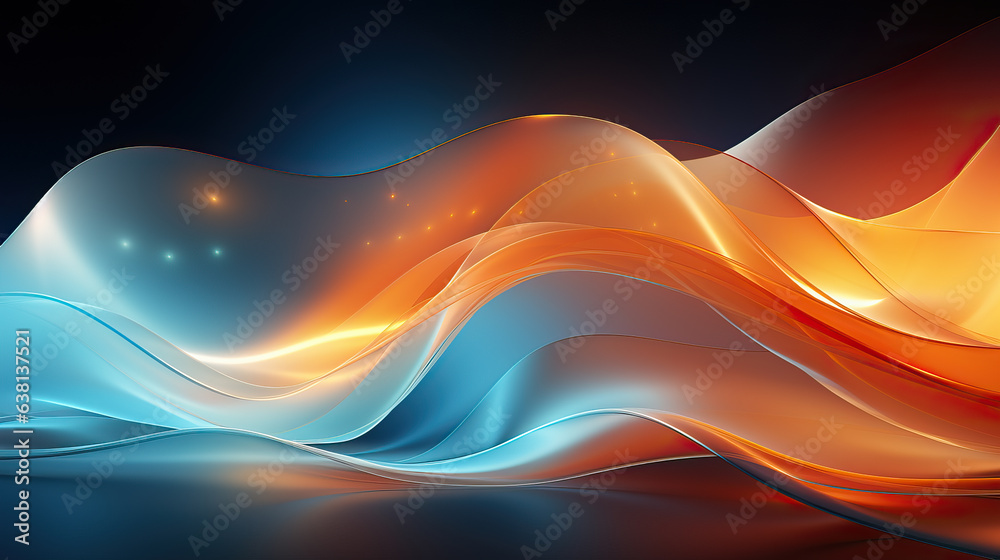 A vibrant abstract background with flowing waves in shades of blue and orange