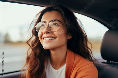 Generative AI photography of beautiful lady sitting on passenger seat inside car enjoying comfort trip © Tetiana