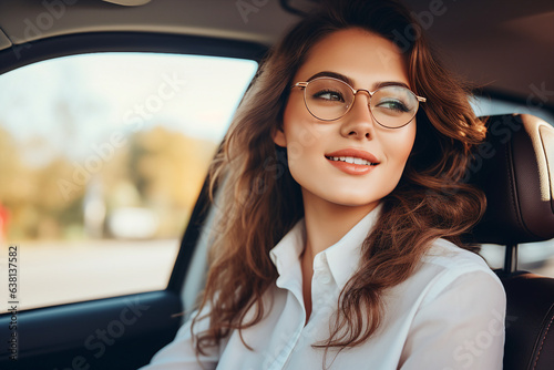 Generative AI photography of beautiful girl sitting inside car enjoying comfort autumn trip © Tetiana