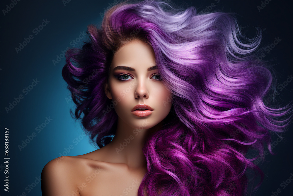 Generative AI portrait of natural beauty woman model showing flattering bright violet dyed hairstyle