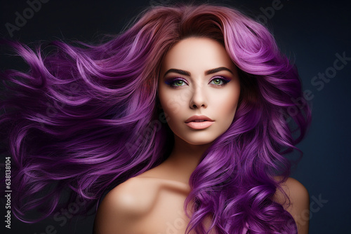 Generative AI portrait of natural beauty woman model showing flattering bright violet dyed hairstyle