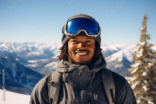 Generative AI photography of happy man wear sunglasses spending weekend at ski resort winter holiday concept © Tetiana