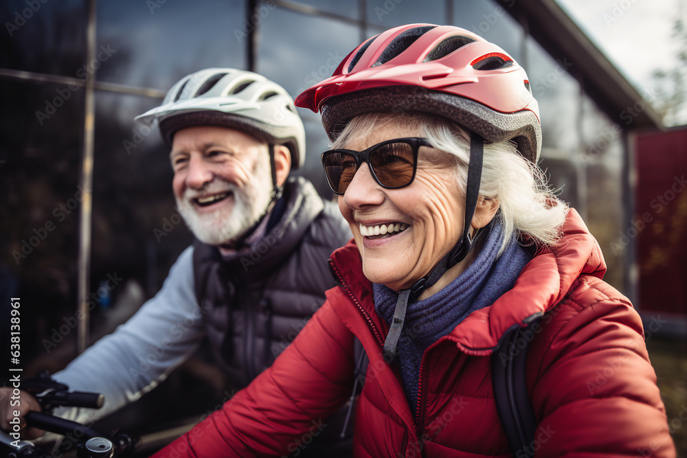 Generative AI photo of retired funny people in protective helmets riding bike together walking park exploring city outdoors Generative AI photo of retired funny people in protective helmets riding bike together walking park exploring city outdoors