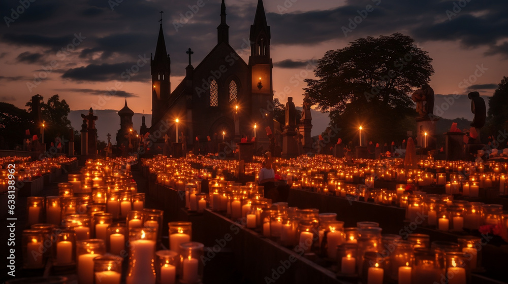 Oświetlony cmentarz w święto Wszystkich Świętych przy katedrze. Dużo zniczy na grobach zmarłych - obrazy, fototapety, plakaty 