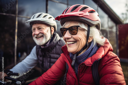 Generative AI photo of retired funny people in protective helmets riding bike together walking park exploring city outdoors