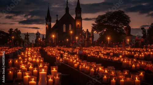 Oświetlony cmentarz w święto Wszystkich Świętych przy katedrze. Dużo zniczy na grobach zmarłych