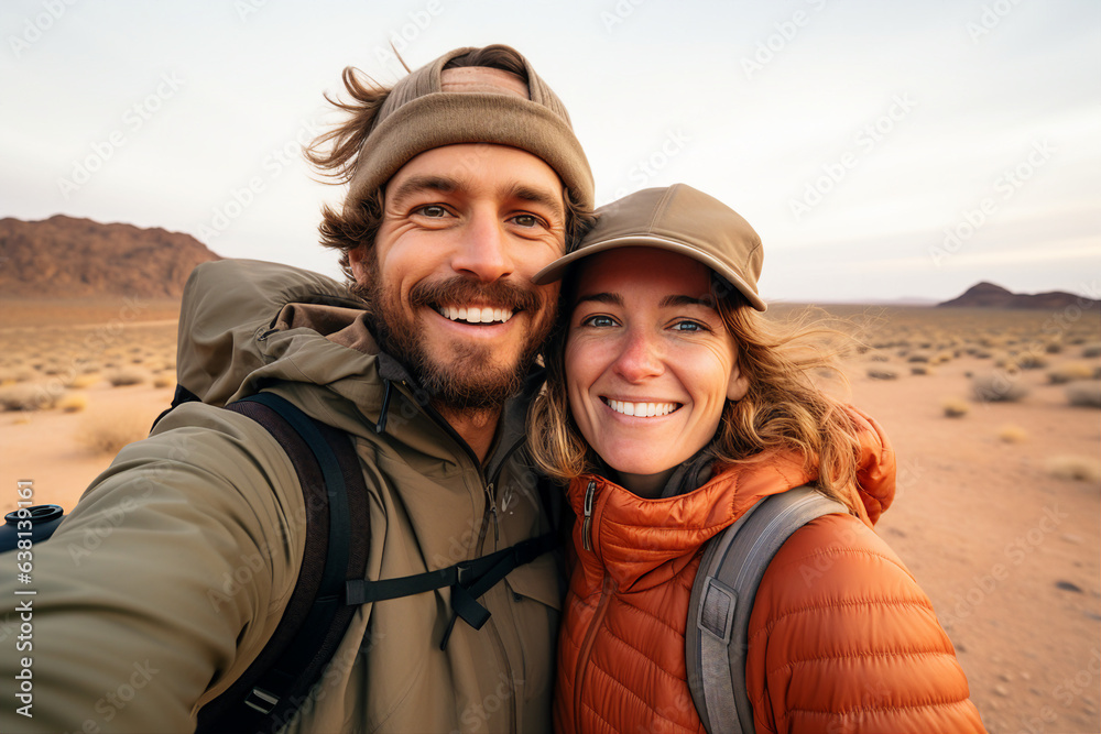 Generative AI illustration collage of wanderer couple traveling together summer mountains making selfies beautiful nature safari sand