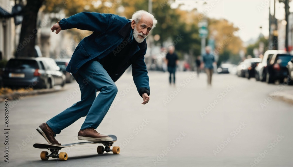 Very old man skateboarding fast in city streets, extreme sports funny concept Very old man skateboarding fast in city streets, extreme sports funny concept