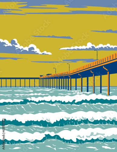 WPA poster art of surf beach at Ocean Beach Municipal Pier or OB Pier in San Diego County, California, United States USA done in works project administration.