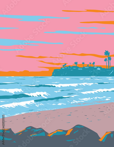 WPA poster art of surf beach at Tourmaline Surfing Park in North Pacific Beach, San Diego, California, United States of America USA done in works project administration.
