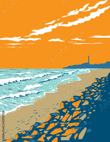 WPA poster art of surf beach at North Ponto Beach within South Carlsbad State Beach park in Carlsbad, California, United States USA done in works project administration.
